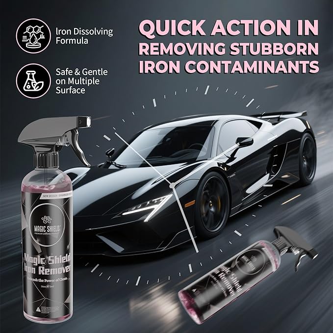 Magic Shield Iron Remover Spray for Cars 16oz - pH-Neutral Iron and Fallout Remover for Car, Motorcycle, RV & Boat | 5-Minute Reaction, Effective on Wheels & Paint | All-In-One Solution