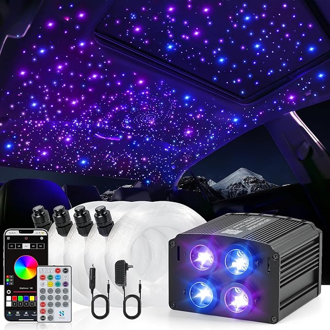 4 Colors 32W Twinkle Starlight Headliner Kit for Car Home with APP&RF Remote,RGBW 650pcs*0.03in*13.1ft Cables Fiber Optic Star Sky Roof Lights,4 Port Engine Sound Activated Ceiling Star Lights for Car