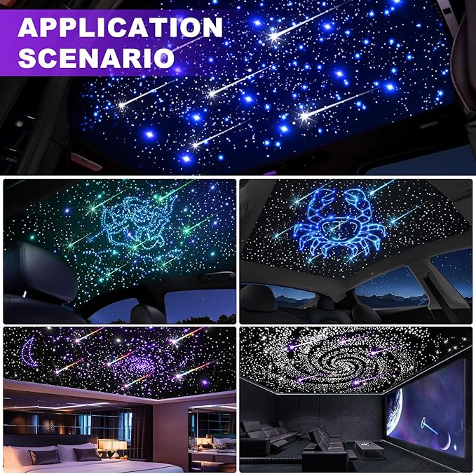 Car Starlight Headliner Kit, 16W Twinkle & Meteor Star Ceiling Lights, 2 in 1 Fiber Optic Light Engine 800pcs*0.02in*9.8ft+240 RGBW Shooting Stars Lights for Car Home Roof Décor