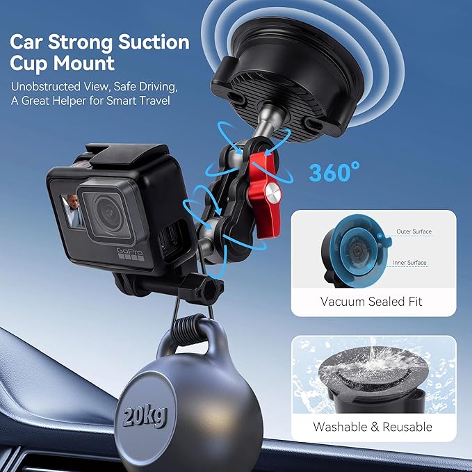 Camera Suction Cup Mount with Ball Head Magic Arm, Universal 360° Car Mount for Windshield, Dashboard, Vacuum Suction Cup Mount Compatible with Go pro (SJ007)