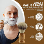 Iconikal 2-Pack Wood Handled Badger Hair Shaving Brush For Use With Aeorsol-Free Shaving Cream