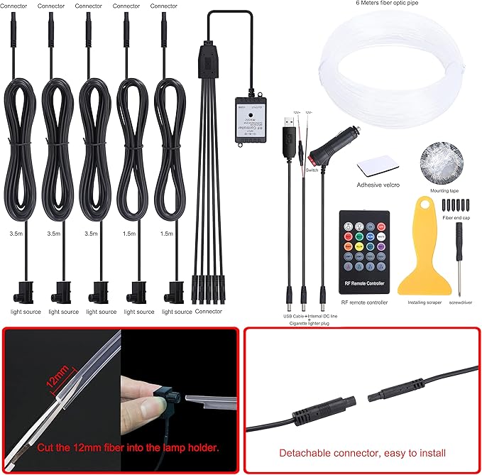 Car Atmosphere Light Kit 6m Fiber Optic RGB Multicolor Sound Active Music Sync Memory Function RF Remote Controller USB Car Interior Ambient Lighting Kit DC 12V