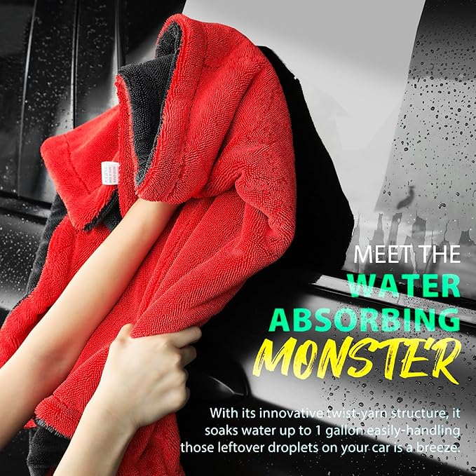 Extra Large Microfiber Twisted Car Drying Towel, Red and Grey, Ultra Absorbent, 24 * 36 Inches, One-Swipe Drying, for Car Exterior