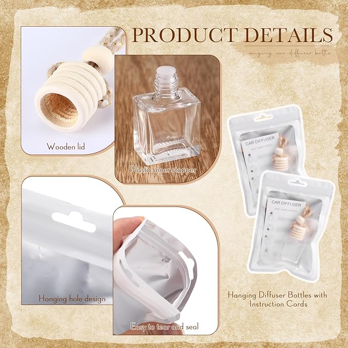 Boao 50 Sets Hanging Car Air Freshener Diffuser Bottles with Instruction Card and 4 x 6'' Resealable Holographic Bag for Empty Car Essential Oil Perfume Bottles Packaging (Cube)