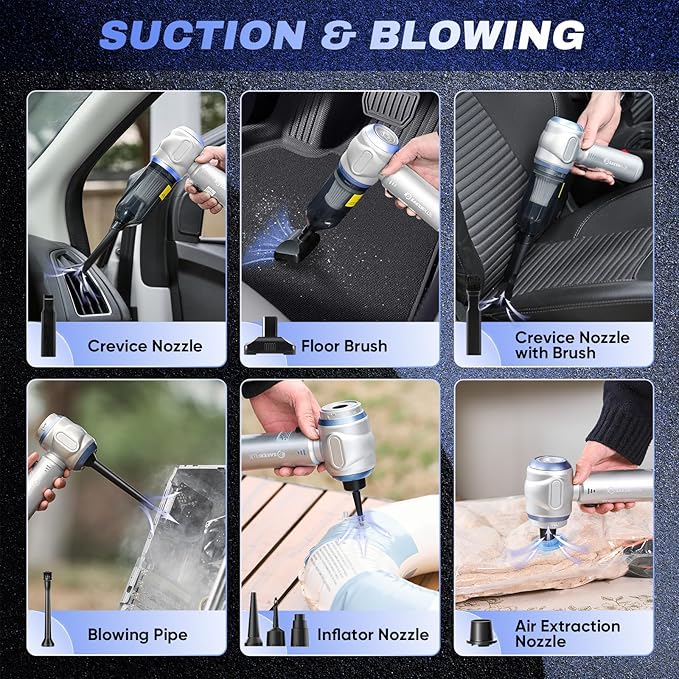 SakerPlus Car Vacuum Portable Cordless, 3-in-1 Hand Held Mini Vacuum Cleaner 17500PA High Power, Handheld Vacuum & Air Duster for Suction, Blowing, Inflating & Deflating, Ideal for Car Home Office