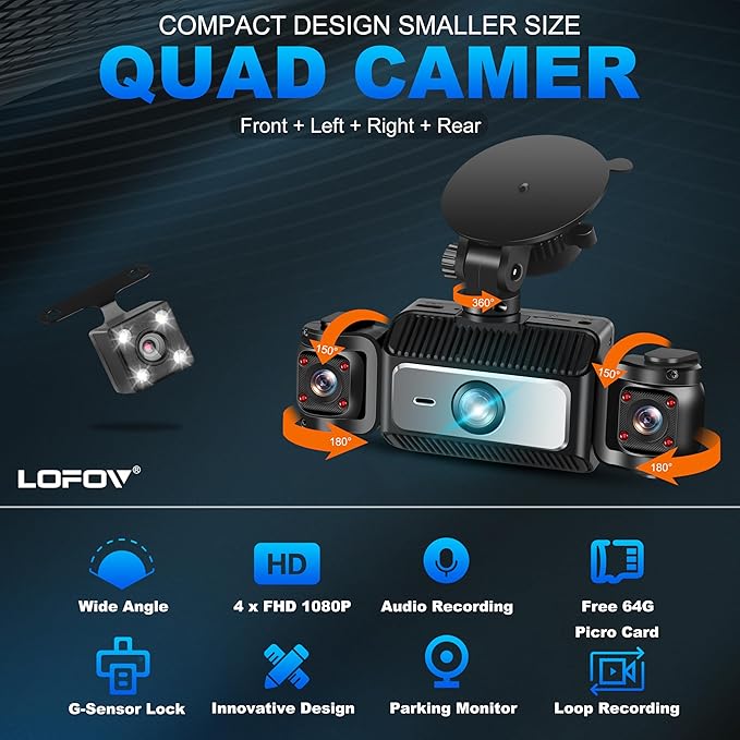 4 Channel Dash Cam 360° View, LOFOV 1080P Front and Rear Inside, Left Right Dash Camera for Cars, Free 64GB SD Card,Multi-Ch Dash Camera, Black Box Trafflc Recorder,Night Vision,24H Parking Mode