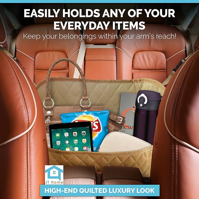 Car Net Pocket Handbag Holder Between Seats, Luxury Quilted PU Leather Purse Car Organizer With 2 Extra Pockets For Storage, Sable Brown