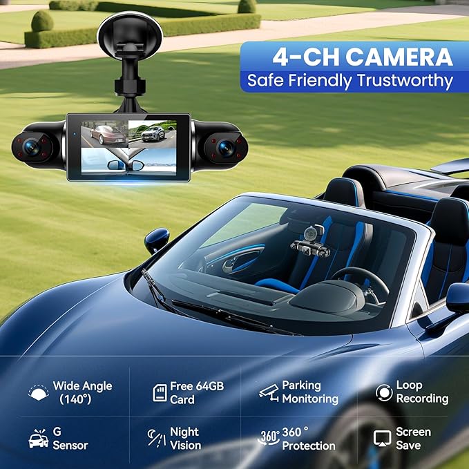 360°View 4 Channel Dash Cam, 4K+1080P Front and Rear Inside Left Right, Dash Camera for Cars, Built-in G-Sensor, IR Night Vision, 24H Parking Mode,64GB SD Card,Loop Recording,Wireless APP Transmission
