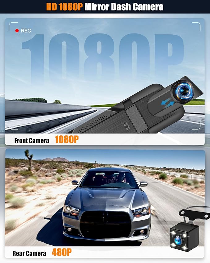 CAMECHO Mirror Dash Cam, 9.66" 1080P FHD IPS Touch Screen Rear View Mirror Camera, Front and Backup Camera for Cars, Dashcam Night Vision, Loop Recording, Wide Angle, Parking Assistance