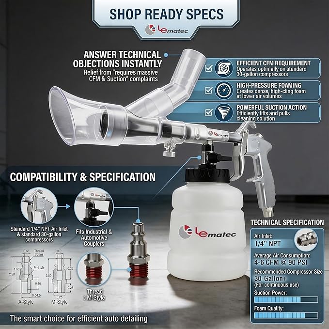 LE LEMATEC Car Wash Equipment: High Pressure Foam Cleaning Gun, Extractor Vacuum Set, Stainless Nozzle for Automotive Detailing, Carpet, Upholstery, Surface Cleaning (LE-WT-0100SB)