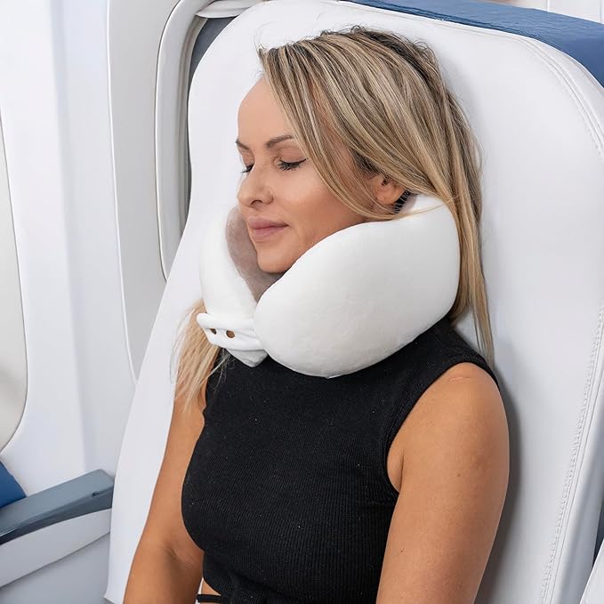 Women's Small Fitted Neck Pillow for Traveling, Memory Foam Travel Pillow, Travel Neck Pillows for Airplanes, Travel Essentials for Flying, Plane Pillow in Taupe and White