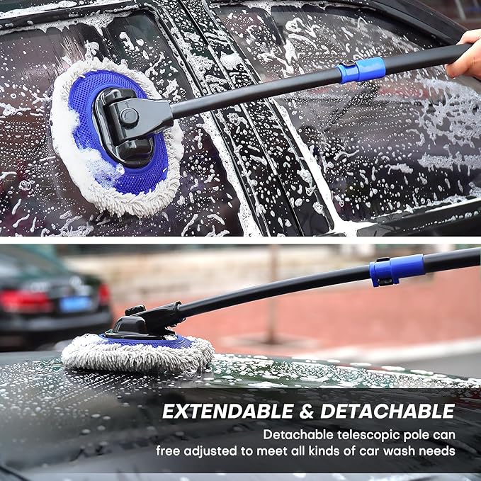 Ultimate Car Wash Brush with Long Handle | 15-Degree Curved Pole Design | Microfiber Brush Head | Adjustable Length | Wide Applications for Car, RV, Truck, Pickup | Car Wash Kit (Blue)