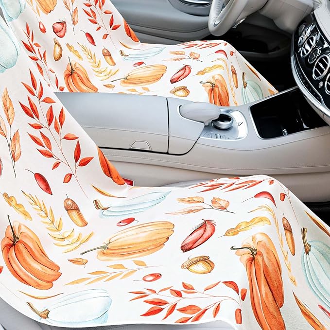 Hahafelt 2 Pack Car Seat Towel Covers with Storage Bag, 63 x 32 Inch Universal Non Slip Waterproof Sweat Protector for Car Truck, Gym Swimming Running, Machine Washable (Pumpkin Pine Cones)