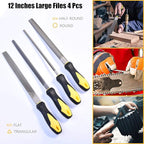 Metal File Set, Large Flat File/Half-Round File/Triangle File/Round File and 12 pcs Needle Files with Storage Bag and Steel Brush for Woodwork, Metal, Leather and Plastic