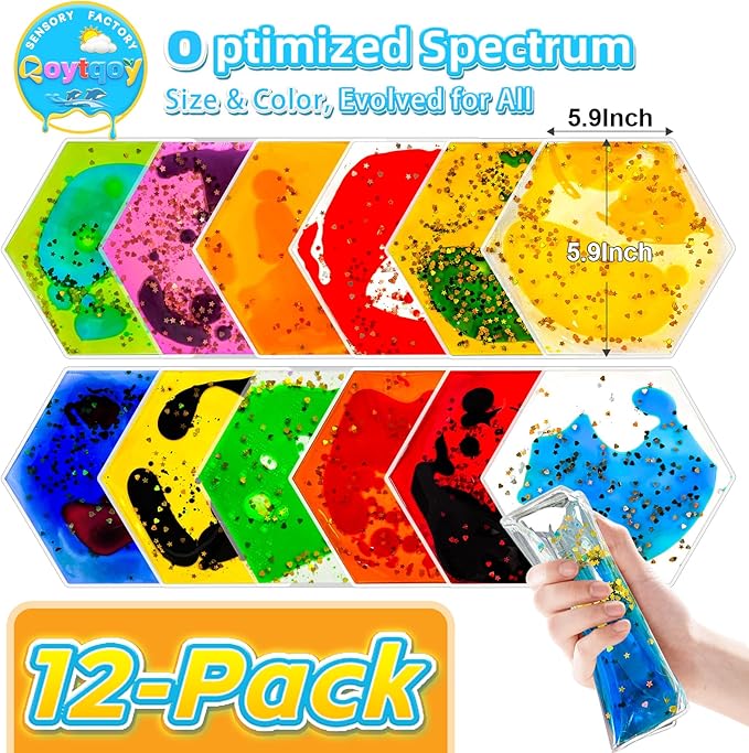 Squishy Liquid Sensory Gel Tiles 12 Packs - Hexagon Liquid Sensory Pads for Stress Relief & Fidget Fun, Washable Sensory Floor Tiles for Toddles 3+ Home, Classroom, Travel