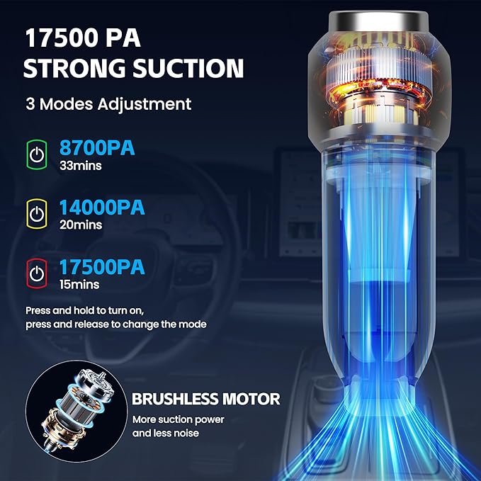 Portable Car Vacuum Cleaner High Power 17500Pa, Lightweight Mini Vacuum Cleaner, Hand Held Vacuum with LED 3-Speed Display, Multiple Attachments, Car Cleaning Kit Interior, Ideal Gift for Cars Owners