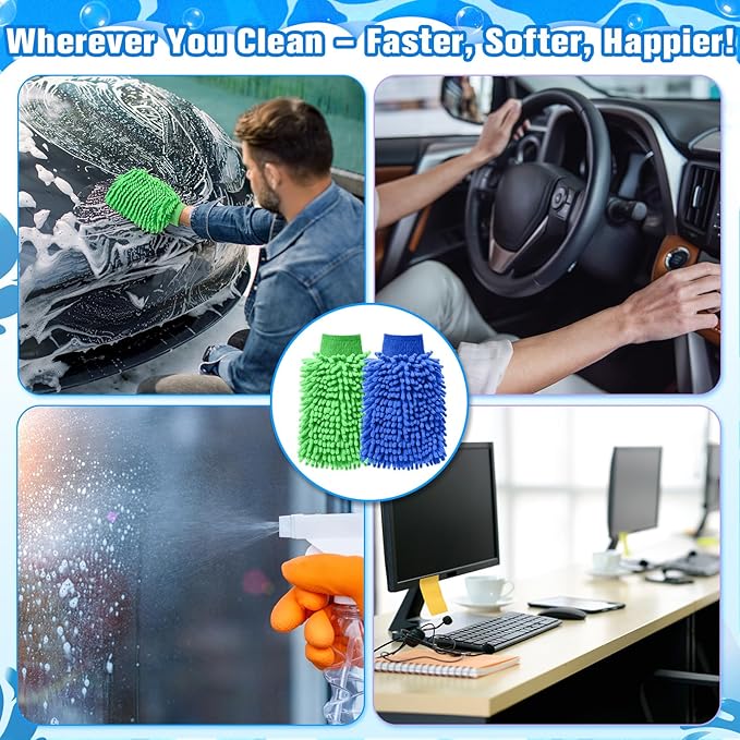 Patelai 30 Pcs Car Wash Mitt Scratch Free Microfiber Chenille Car Wash Gloves Double Sided Absorbent Mitt for Washing Cleaning Cars Trucks Boats, 9.45 x 5.9 Inch(Green,Blue)