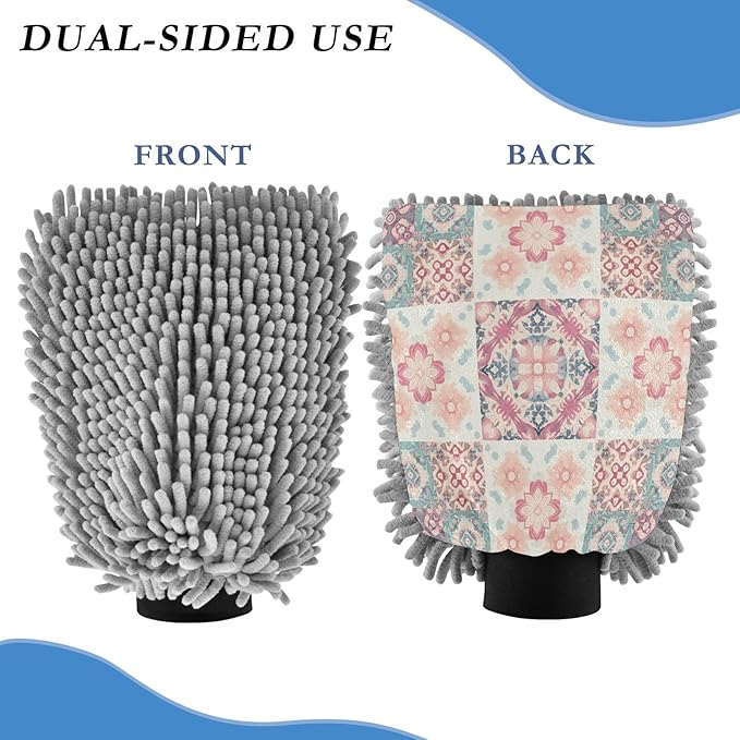 Qilmy Floral Geometric Pattern Microfiber Chenille Car Wash Sponge Scratch Free Car Wash Mitt Absorbent Mitt Sponge for Trucks SUVs Car Washing Home Cleaning, Medium