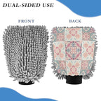 Qilmy Floral Geometric Pattern Microfiber Chenille Car Wash Sponge Scratch Free Car Wash Mitt Absorbent Mitt Sponge for Trucks SUVs Car Washing Home Cleaning, Medium