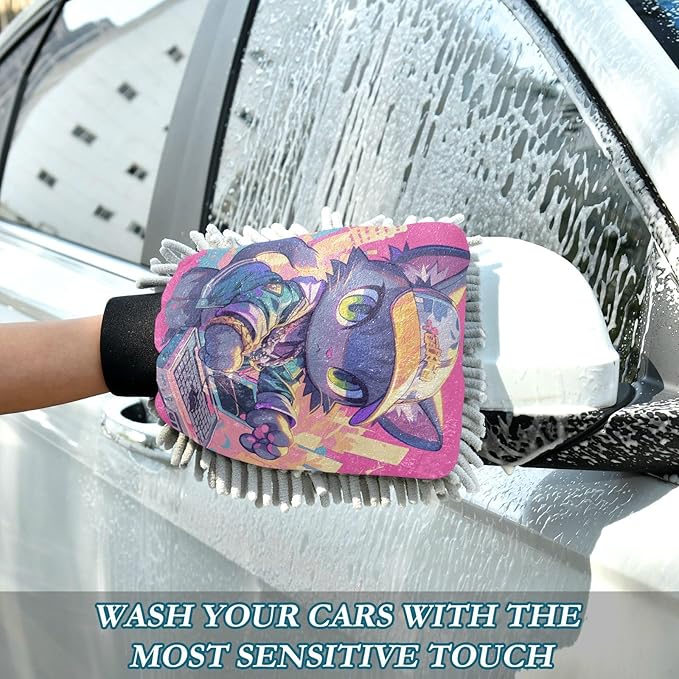 Cartoon Cat Graffiti Style Colorful Hip Pop Hot Pink Car Wash Mitts Scratch Free Wash Mitten For Cars Car Wash Sponges