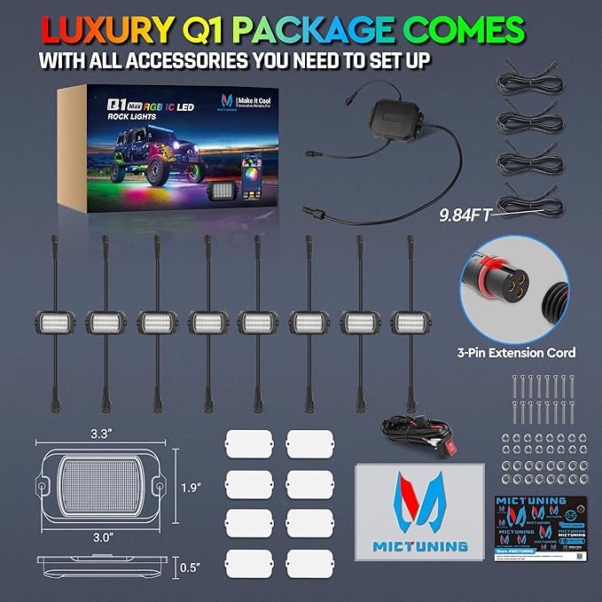 MICTUNING Q1 MAX RGB+IC Rock Lights 8 Pods Kit, 192 Beams 1000% Brighter Chasing Dreamcolor Underglow Neon Lights, APP Control Multicolor Extensible Underbody Lighting Kit for Truck ATV UTV Boat