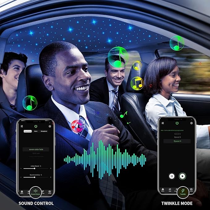 AMKI Updated 16W RGBW Fiber Optic Light Twinkle + Sound Activated 300pcs 0.03in 9.8ft Cables APP Remote Music Control Car Home Starlight Headliner Star Ceiling Light Kit