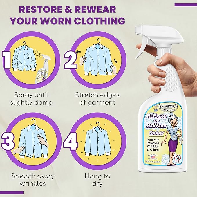 Grandma's Secret Refresh N ReWear Spray - Instantly Removes Wrinkles & Odors - Wrinkle Release, Fabric Refresher Spray, Chlorine, Bleach and Toxin-Free - 16 Ounce, 2 Pack