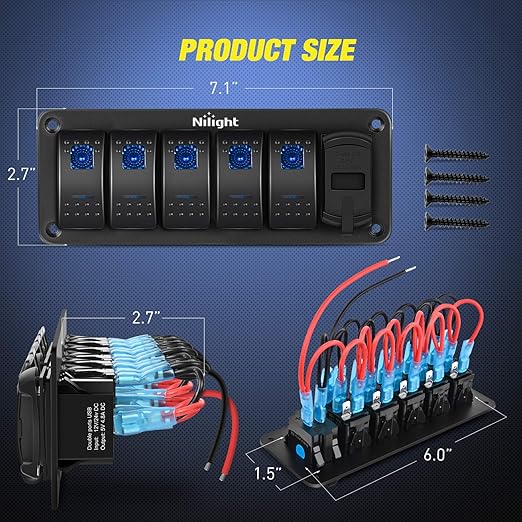 Nilight 5 Gang Rocker Switch Panel Blue Backlit with PD Type C and USB Charger Voltmeter Waterproof 12V 24V DC Switches with Night Glow Stickers for Car Trucks Boats RVs