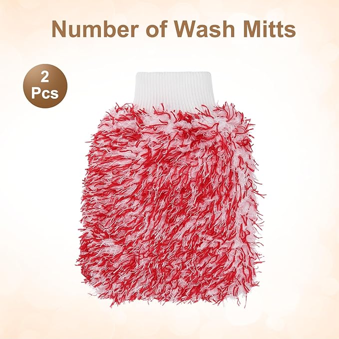 HARFINGTON 2pcs Chenille Microfiber Car Wash Mitts 10.2" x 6.7" Scratch Free Wash Gloves Absorbent Double Sided Plush Cleaning Drying Mitts for Car Washing Home, Red