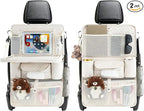 Car Backseat Organizers 2 Pack with Foldable Trays - PU Leather Back Seat Organizers with 11 Storage Pockets, Tablet Holders, Seat Back Protectors for Kids Family Travel Accessories (Beige)