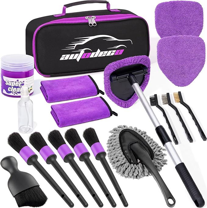 AUTODECO Windshield Cleaner Tool, 17Pcs Car Interior Detailing Kit, Detailing Brush, Towels, Duster, Car Cleaning Kit Interior for RVs, Truck, Trailer (Purple)