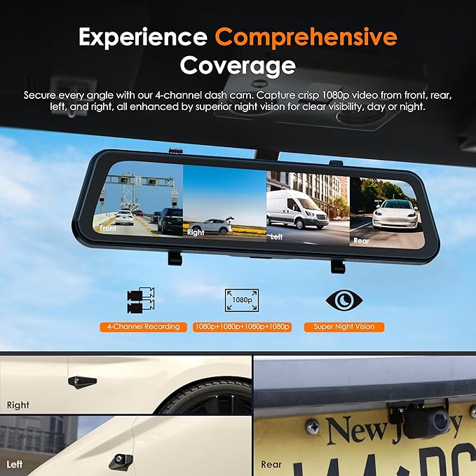U24 Mirror Dash Cam, 4-Channel, 12” Touchscreen, 1080p, 170° Wide Angle, Stream Media, Auto-Backup Camera for Car, Truck, Taxi, Night Vision, Parking Monitor，Free 128GB Card