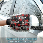 Qilmy Skeleton Rose Pattern Microfiber Chenille Car Wash Sponge Scratch Free Car Wash Mitt Absorbent Mitt Sponge for Trucks SUVs Car Washing Home Cleaning, Large