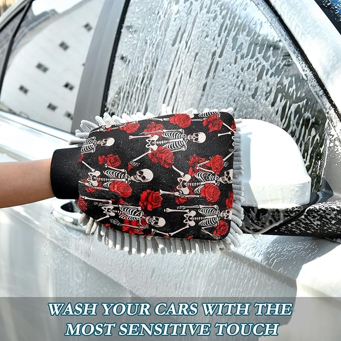 Qilmy Skeleton Rose Pattern Microfiber Chenille Car Wash Sponge Scratch Free Car Wash Mitt Absorbent Mitt Sponge for Trucks SUVs Car Washing Home Cleaning, Large