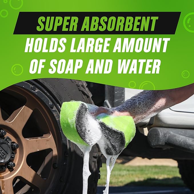 Grip Clean Dual Texture Car Wash Sponge - Multi Purpose Bug Remover Scrubbing Side Soft Sea Sponge - Ultra Scrub Car Cleaning Sponges Wash Bucket Accessory - 2 Pack