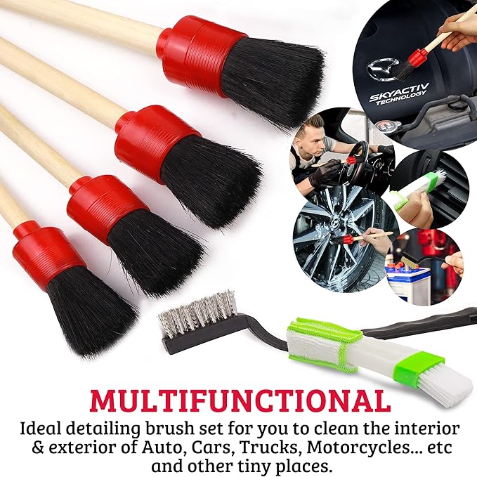 TAKAVU Complete Car Detailing Kit (12pc) - Detail Brushes, Wire Brushes, Vent Duster & Microfiber Towel for Wheels, Interior, Exterior, Engine Bay & Motorcycle Cleaning