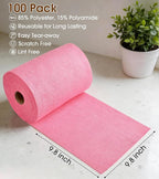 KitchLife Microfiber Cleaning Cloth Roll, 100 Pack - Tear-Away Microfiber Paper Towels, Lint-Free, Reusable, Washable for Kitchen, Car, Dishes, and Sensitive Surfaces (Pink)