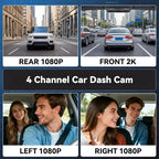 SIXTOP 360 Degree View 4 Channel Dash Cam, 2K Front and 1080P Rear Inside Left Right HD Dash Cam Camera for Cars WiFi & APP Control 8 IR Night Vision Loop Recording G-Sensor Parking Monitoring