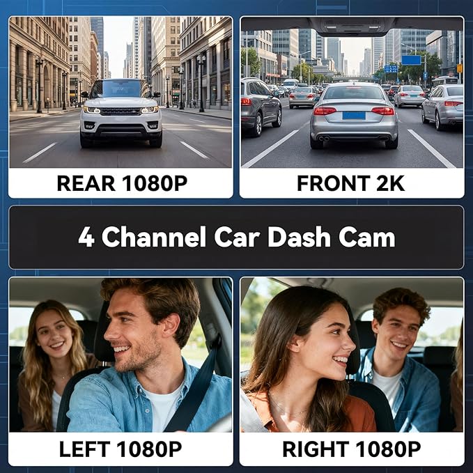 SIXTOP 360 Degree View 4 Channel Dash Cam, 2K Front and 1080P Rear Inside Left Right HD Dash Cam Camera for Cars WiFi & APP Control 8 IR Night Vision Loop Recording G-Sensor Parking Monitoring