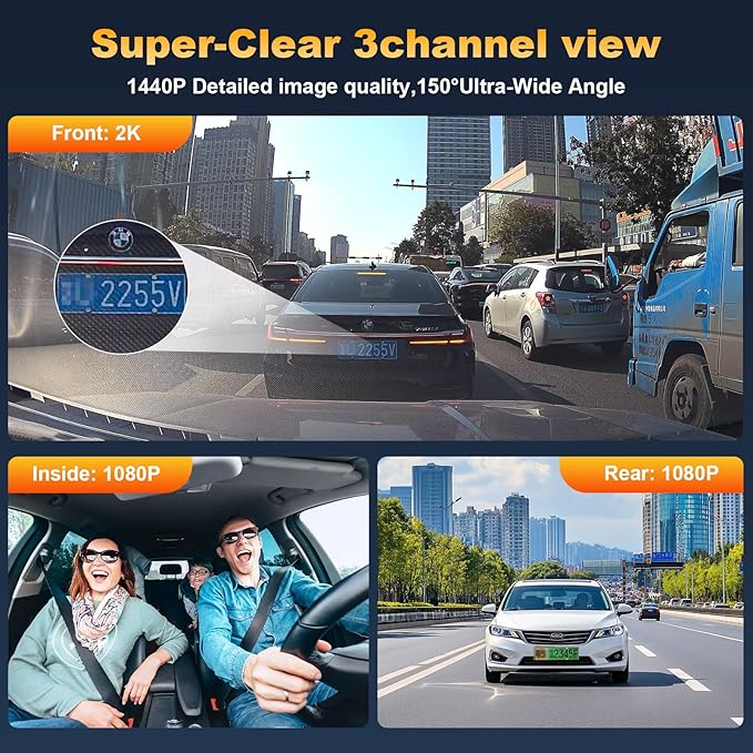 3 Channel Dash Cam Front Inside Rear, Uber Dash Cam for Cars, 2.5K Front + 1080P Cabin & Rear, 5GHz WiFi App Control, 24H Parking Mode, IR Night Vision, G-Sensor, Loop Recording, 64GB Included