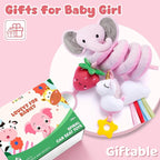 Spiral Car Seat Toys for Baby Girls 0-6 Months, Cute Pink Elephant Strawberry Stuff, Perfect Newborn Shower Gifts for Girls Essentials