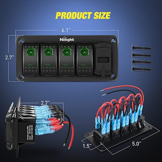 Nilight 4 Gang Rocker Switch Panel Green Backlit with 4.8 Amp Dual USB Charger Voltmeter Waterproof 12V 24V DC Night Glow Stickers for Car Trucks Boats RVs