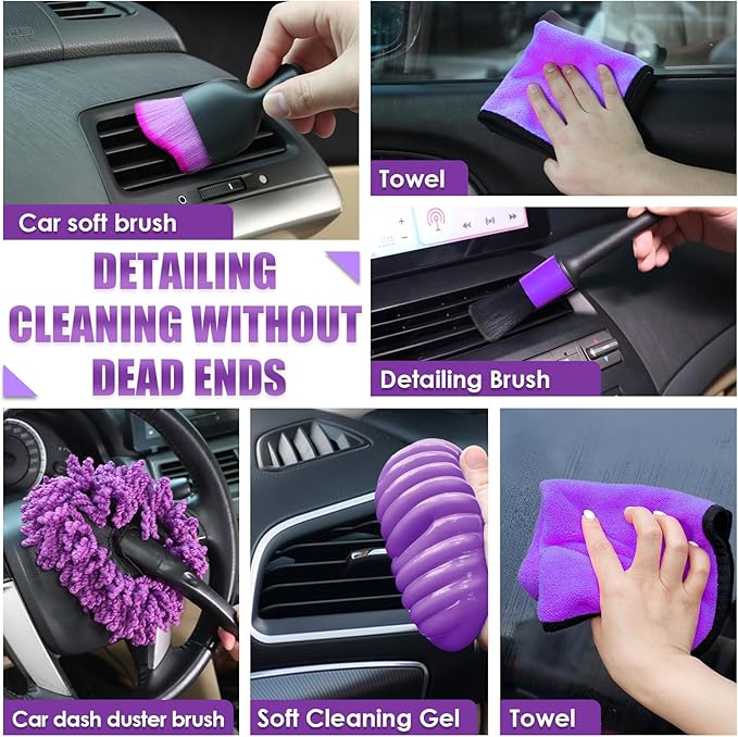 Viewsun 30 PCS Car Cleaning Kit, Purple Car Interior Detailing Kit with High Power Handheld Vacuum, Detailing Brush Set, Windshield Cleaner, Cleaning Gel, Complete Auto Accessories for Women Gift