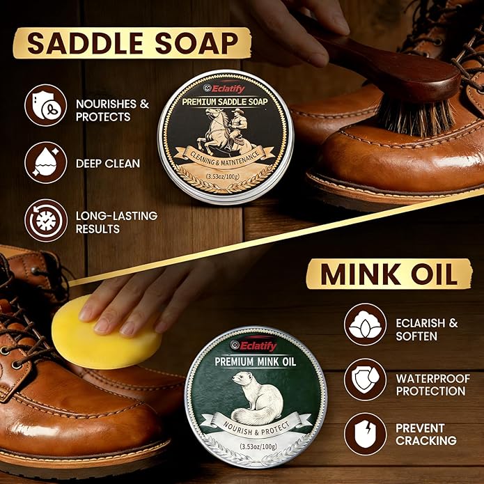 5-in-1 Leather Care Kit with Saddle Soap & Mink Oil, Leather Cleaner and Conditioner for Cowboy Boots, Jackets, Handbags, Car Interiors, Ideal Gift for Leather Lovers