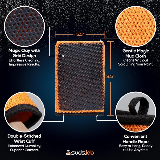 Suds Lab SC Synthetic Clay Mitt for Car Detailing – Reusable Clay Bar Mitt to Remove Paint Overspray, Water Spots, Tree Sap & Rail Dust from Paint, Glass & Plastic
