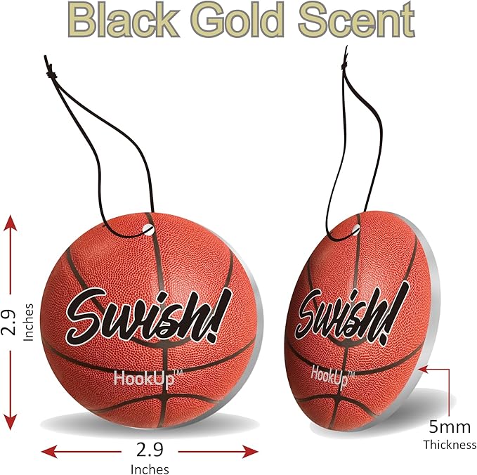 Basketball Car Air Freshener by HookUp - 4 Pack - Black Gold Scent (Extra Strong) | Unique Basketball Gift for Players, Coach, Fans | Hanging Car Accessory with Long Lasting Fresheners Smell