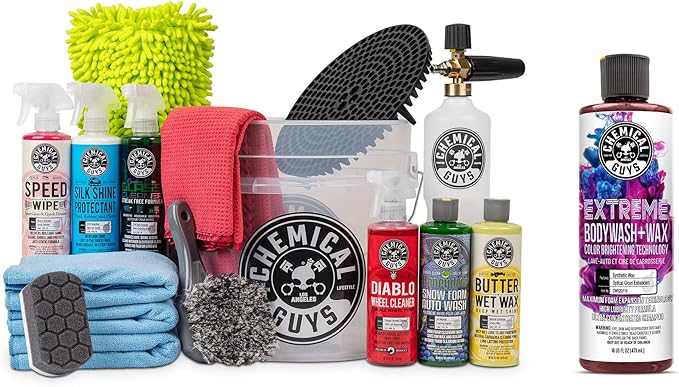 Chemical Guys CWS20716FC 16-Piece Arsenal Builder Carwash Kit, Foam Cannon, Bucket (6) 16 oz Car Care Cleaners (Works w/Pressure Washers) with Extreme Bodywash & Wax Foaming Car Wash Soap, 16 oz