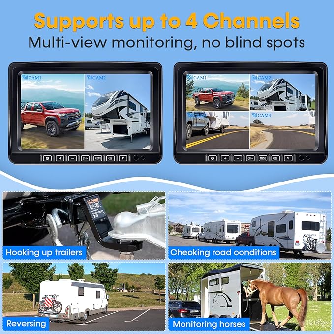 HD 1080P Magnetic Wireless Backup Camera: 1-Min Easy Install No Wiring 25H Long Battery Life for Long Travel - 7" Recording Monitor Dual Solar Backup Cameras for RV Trailer Camper Truck
