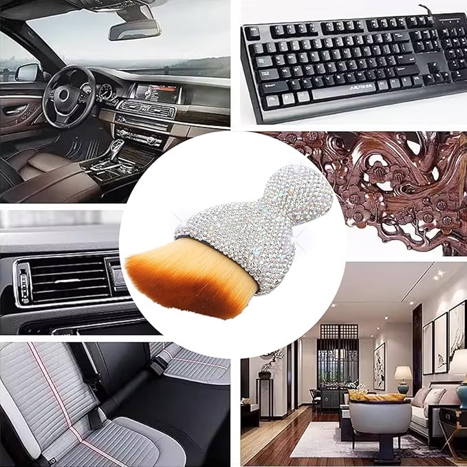 Car Interior Brush Blingbling Car Accessories for Women,2Pack Dust Sweeping Soft Brush with Rhinestone Handle,Detailing Brush Cleaner for Air Conditioner Vents, Computer Keyboard, etc (Sliver 2PCS)