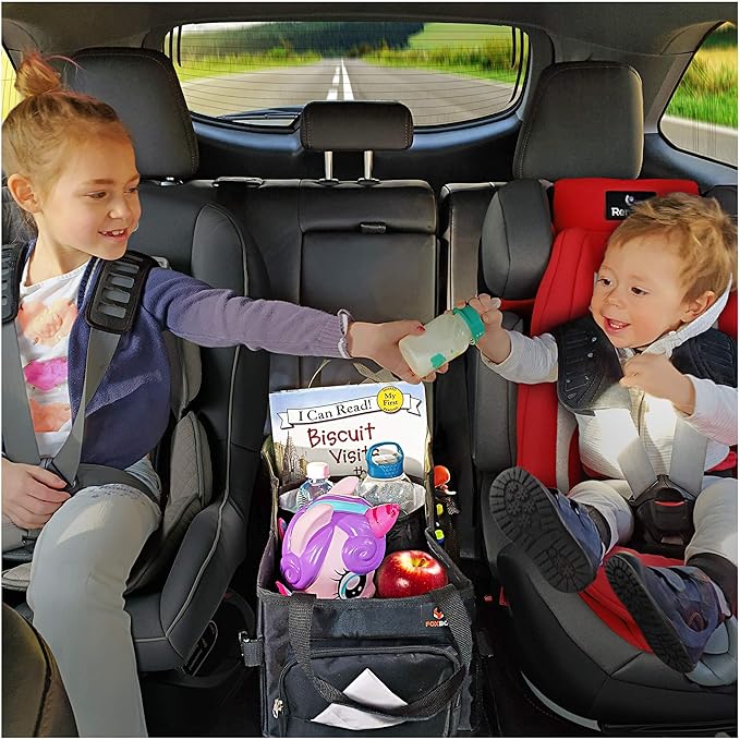 Easy-to-Reach Kids Car Organizer with Tissue Box and Cup Holder for Back Seat, Front Seat, Between Seats, Floor - Tote Car Storage Organization for Toddlers - Kids Road Trip Travel Essentials (Black)